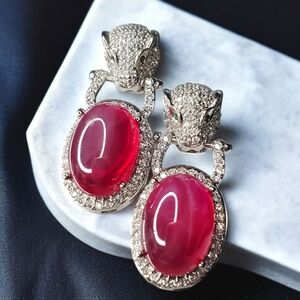 Luxury Luxurious Silver Panther Doorknocker Zircon Crystal Earrings